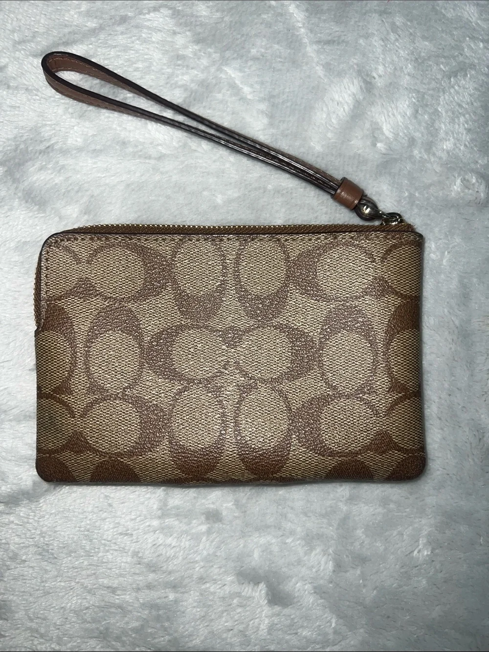Coach Brown Signature Canvas Wristlet with Leather Trim